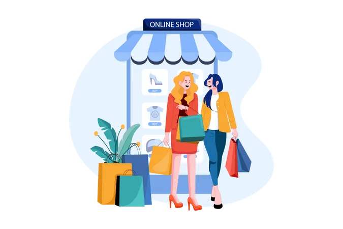 People walking in an online store.  Illustration