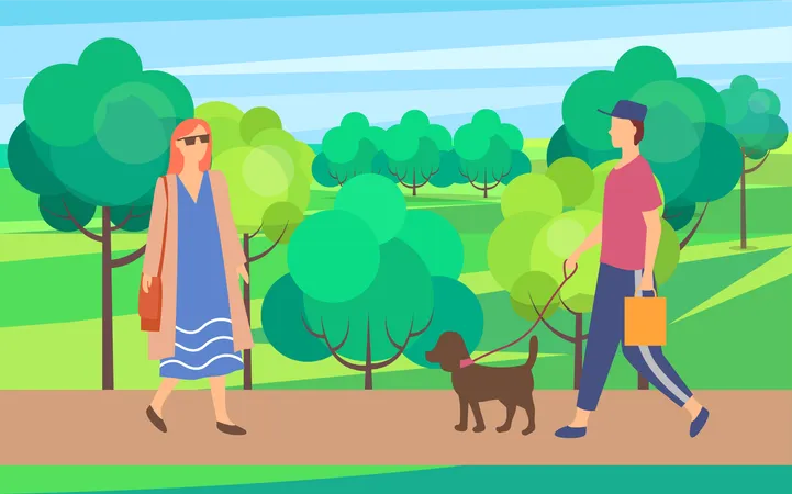 Woman And Man With Dog On Walk In City Park Vector Female In Sunglasses Having Fun Outdoors Person Wearing Casual Clothes And Cap With Domestic Animal Illustration