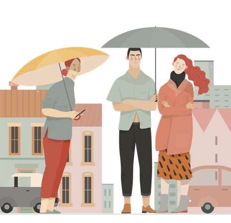 People walking in rain holding umbrella Illustration