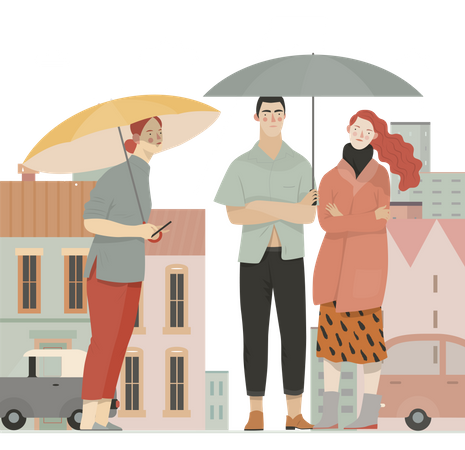 People walking in rain holding umbrella  Illustration