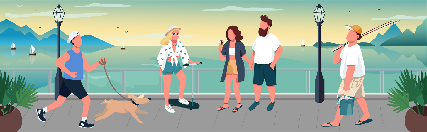 People walking on quay  イラスト