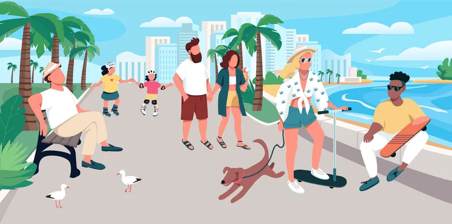 People Walking On Resort Town Street Flat Color Vector Illustration Summer Recreation Tourists Activity Holidaymakers At Promenade 2 D Cartoon Characters With Waterfront On Background Illustration