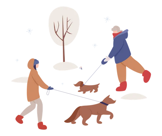 People walking pets during winter season  Illustration