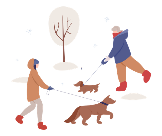 People walking pets during winter season  Illustration