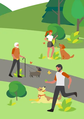 People walking with dogs in park  Illustration