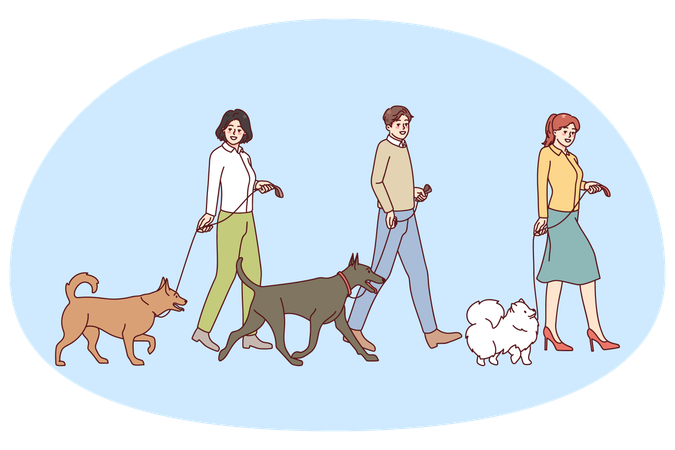 People walking with dogs on leashes  Illustration