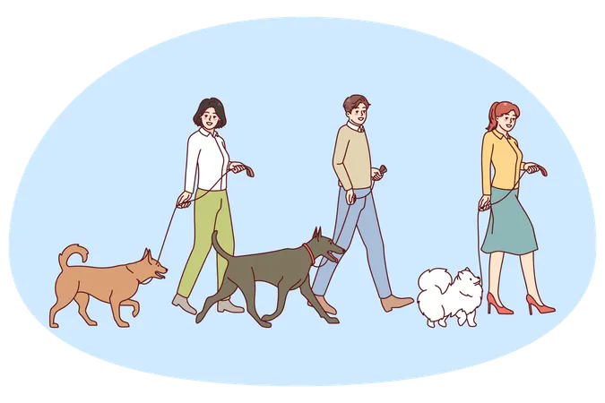 People walking with dogs on leashes  Illustration