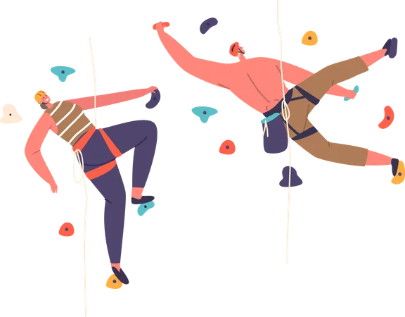 Characters Bouldering On A Rock Wall Displaying Strength And Balance As They Climb With Ropes Using Colorful Holds And Mats For Safety In An Indoor Climbing Gym Cartoon People Vector Illustration Illustration