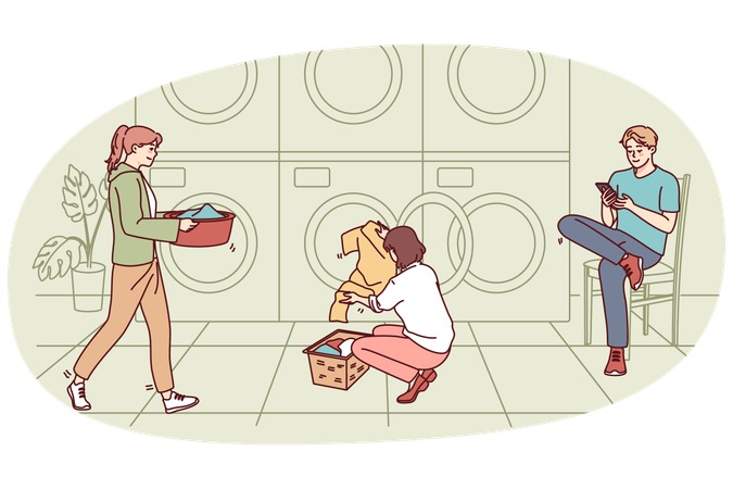 People washing clothes in laundromat  Illustration