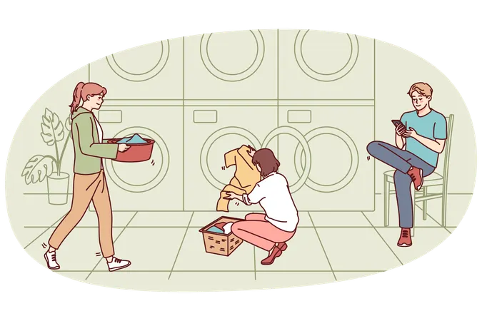 People washing clothes in laundromat  Illustration