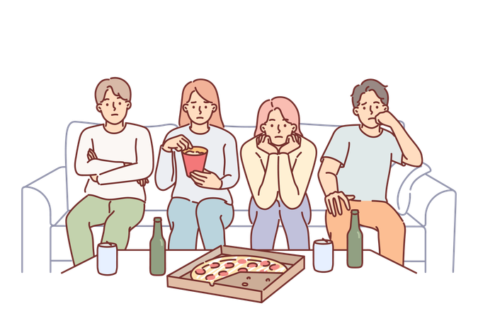 People watch boring movie sitting on couch eating snacks during pizza party  Illustration