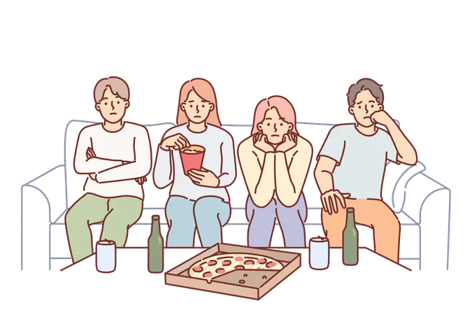 People watch boring movie sitting on couch eating snacks during pizza party  Illustration
