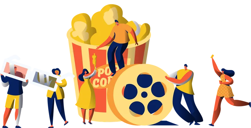 Cinema Movie Time With Popcorn And Drink Weekend Young People In 3 D Glasses Woman Carry Ticket Award Cinematography Element Of Film Industry Flat Cartoon Vector Illustration 일러스트레이션