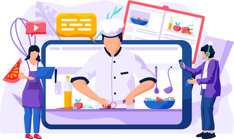 People watching cooking video on laptop and phone  Illustration