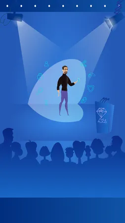People Watching Guy with Glasses Stage in Spotlight  Illustration