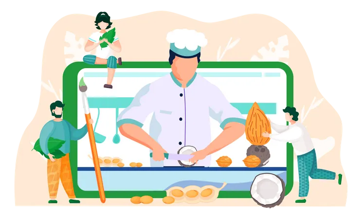 A Man Carries An Almond In His Hands A Guy Stands With Brush In His Hands And Leaves Under His Arm Girl Meditates While Sitting On The Tablet Online Culinary Lesson Chef On The Screen Cuts Coconut Illustration