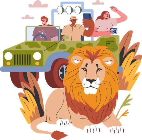 People watching lion in zoo  Illustration