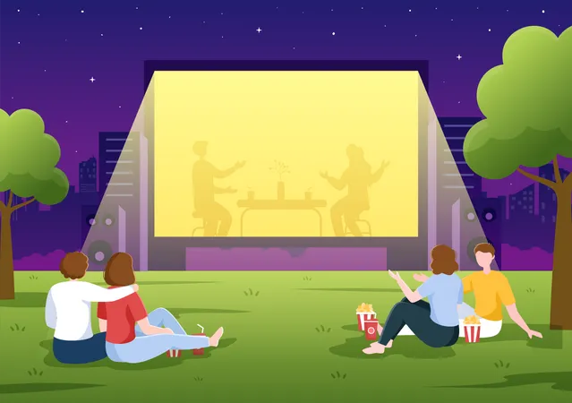 People watching movie at open theater Illustration