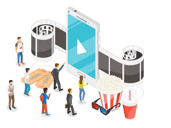 Online Movie Flat Isometric Vector Concept Composition With A Smartphone And Film Tape Going Through It Surrounded By Reels Popcorn Glasses And Watching Pople Streaming Live Cinema And TV Illustration