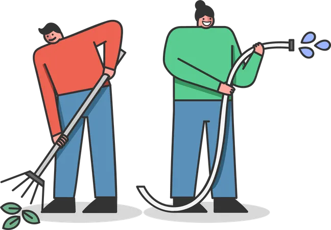 People Watering Plants With Hose and Raking Leaves Illustration