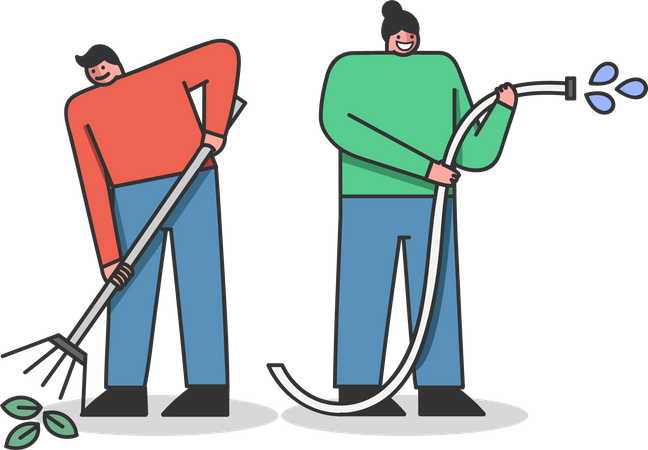 People Watering Plants With Hose and Raking Leaves  Illustration