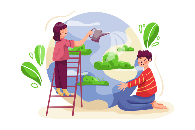 People watering tree  Illustration