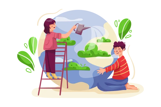 People watering tree  Illustration