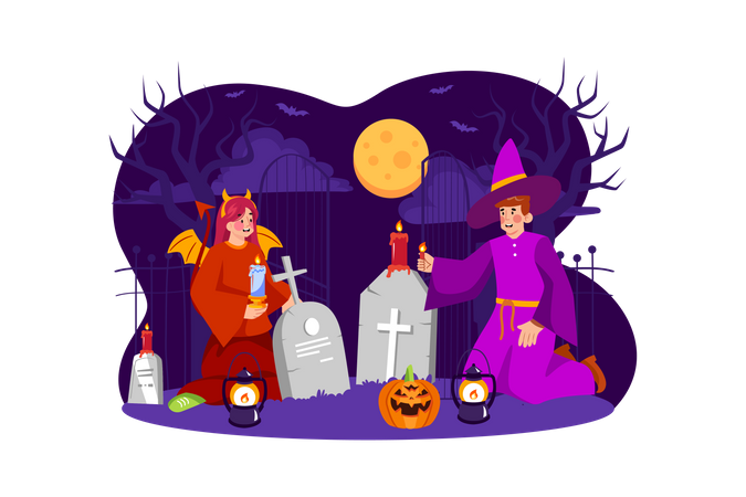 People Wearing Costume Near Graveyard Illustration