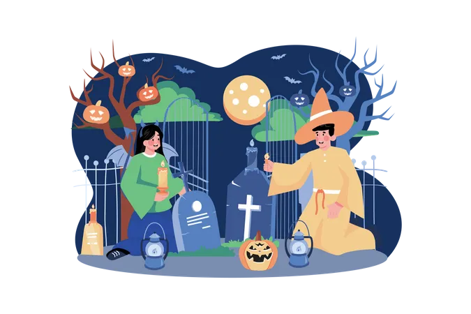 People Wearing Costume Near Graveyard  Illustration