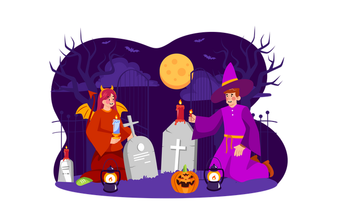 People Wearing Costume Near Graveyard  Illustration