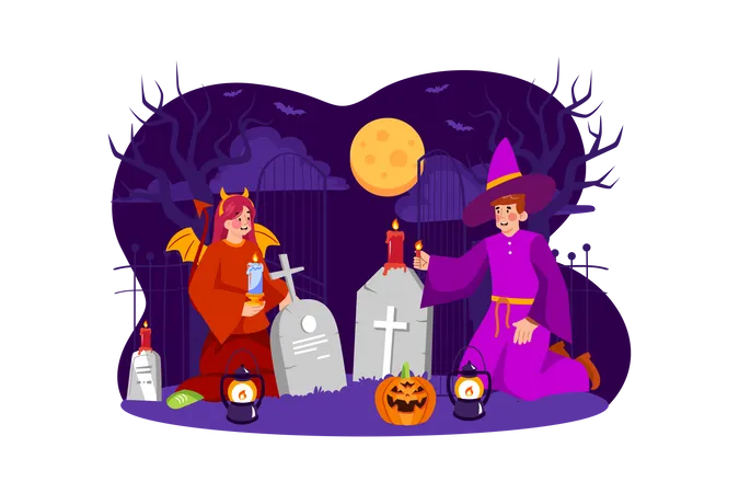 People Wearing Costume Near Graveyard  Illustration