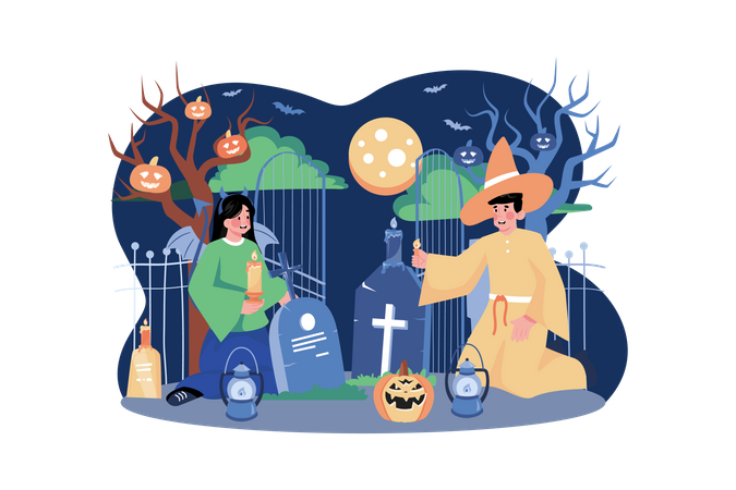 People Wearing Costume Near Graveyard  Illustration