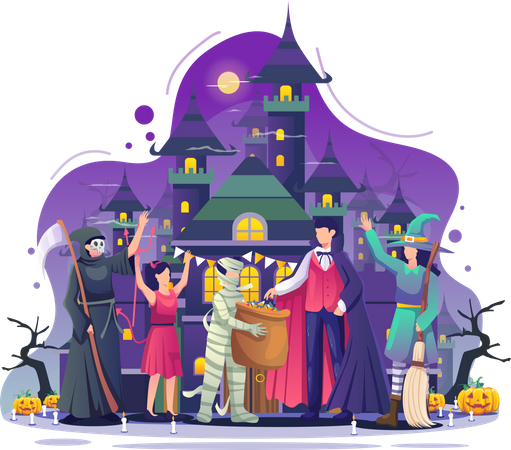 People wearing costumes celebrating Halloween night Illustration