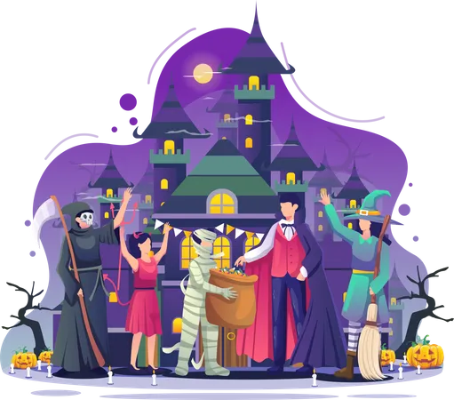People wearing costumes celebrating Halloween night  Illustration