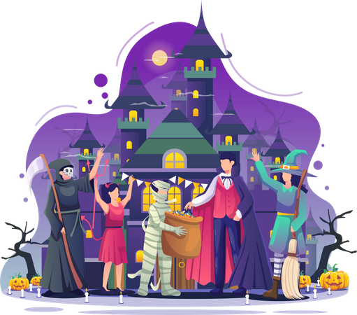 People wearing costumes celebrating Halloween night  Illustration