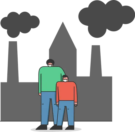 Concept Of Environmental Protection Air Pollution Father And Son In Protective Face Masks Are Walking On Street Against Factory Pipes Emitting Smoke Cartoon Linear Outline Flat Vector Illustration Illustration