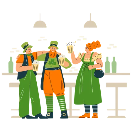 People wearing green traditional Irish costume holding mug of beer  Illustration