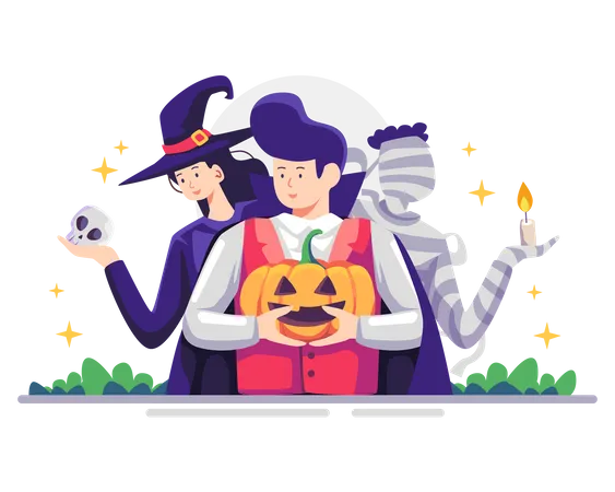 People wearing Halloween clothes in party Illustration