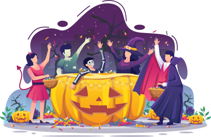 People wearing Halloween costumes are collecting candy on Halloween night Illustration