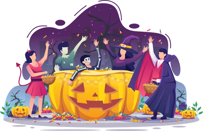 People wearing Halloween costumes are collecting candy on Halloween night  Illustration