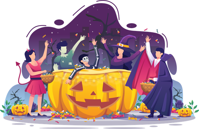 People wearing Halloween costumes are collecting candy on Halloween night  Illustration