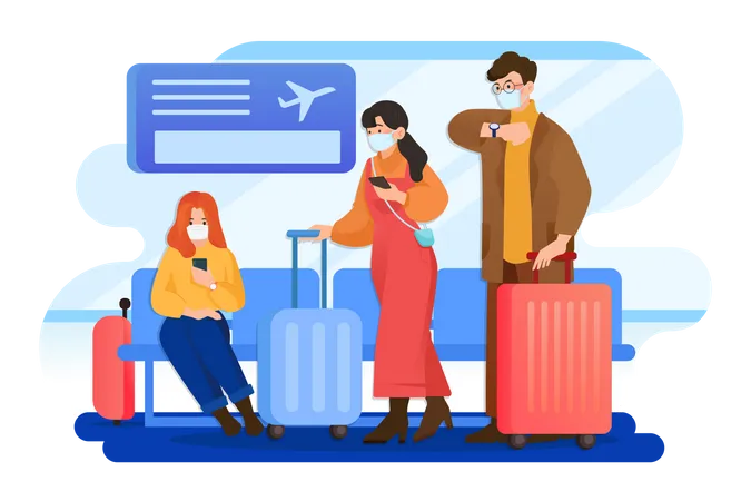People wearing mask and travelling from the plane Illustration