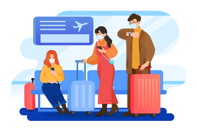 People wearing mask and travelling from the plane  Illustration