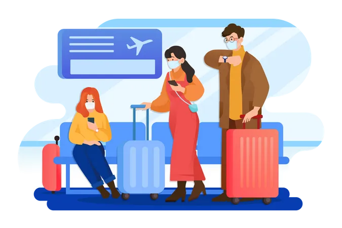 People wearing mask and travelling from the plane  Illustration