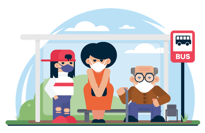 People wearing mask and waiting for bus  Illustration