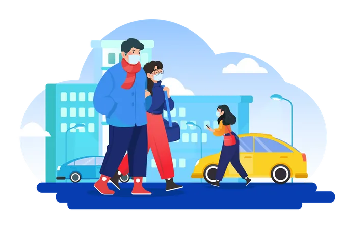 People wearing mask and walking on street  Illustration