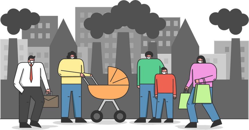 People wearing mask due to high industrial emission Illustration