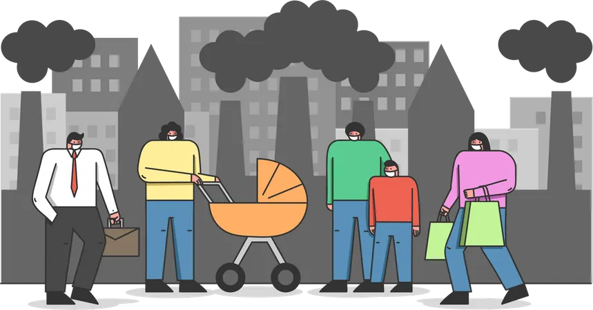 People wearing mask due to high industrial emission  Illustration