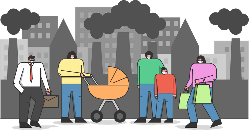 People wearing mask due to high industrial emission  Illustration