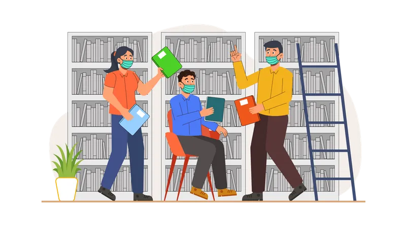People Wearing Mask in library  Illustration